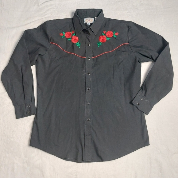 Ely County Charmers Tops - Ely County Charmers Black and Red Rose Vintage Pearl Snap Western Shirt Size Med